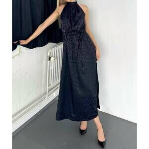 NEW KARMAMIA women's layla dress in navy leo jacquered